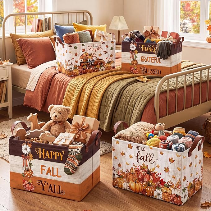 4 Pcs Fall Storage Basket for Gifts Empty Large Pumpkin Storage Bins with Handles 15 x 10 x 8 Fabric Laundry Baskets Autumn Harvest Collapsible Organizer Boxes for Thanksgiving Home Cloth Toys