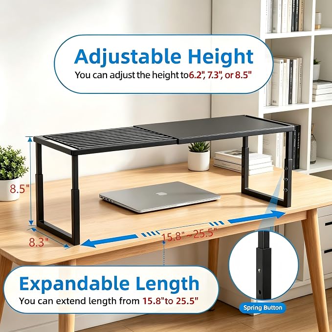 Cabinet Shelf, 1 Pack Expandable Shelf for Kitchen Storage | Stackable & Height Adjustable Cabinet Organizer Shelf | Metal Shelf Organizer | Black Spice Rack for Pantry Storage