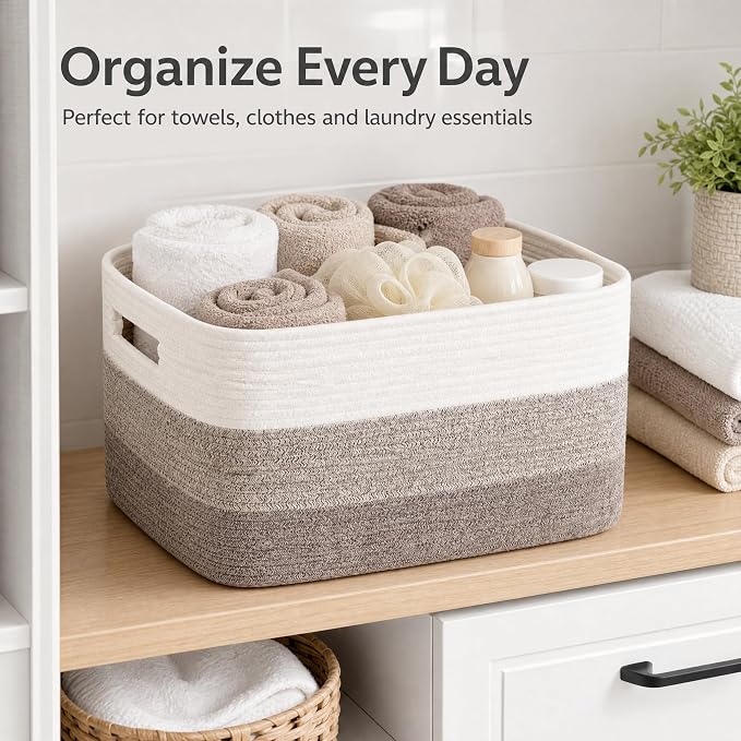 Cotton Rope Laundry Basket Medium, 15.4GAL Collapsible Woven Storage Baskets for Living Room Kids Toys Stuffed Animal Boho Rectangular Decorative Short Hamper for Dirty Clothes Blankets Gradient Brown