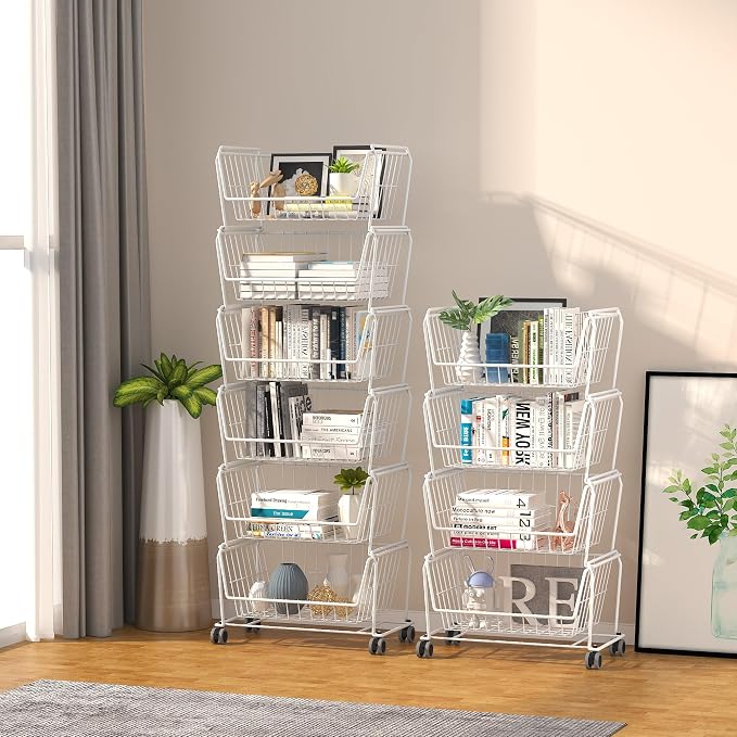 PUSDON 6-Tier Tall Stackable Wire Storage Baskets with Wheels, Vertical Metal Rolling Utility Cart, High Capacity Produce Basket for Kitchen Pantry, Snack Organizer, Classic White