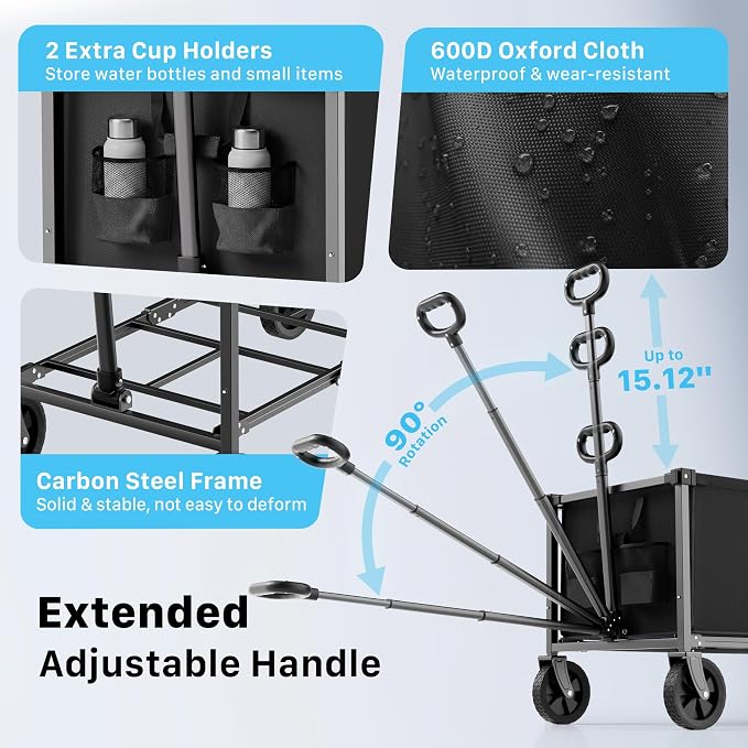 29.3" Collapsible Wagon Cart, 150L Heavy Duty Folding Utility Wagon with Wheels, 260 lbs Load, Portable Rolling Cart for Garden, Shopping, Sports, Camping, Black