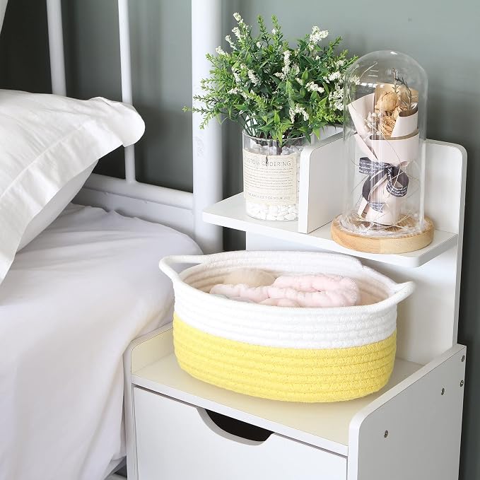 Sea Team 2-Pack Compact Woven Cotton Rope Storage Baskets, Yellow | Knitted Decorative Organizer Bins with Handles, Portable Oval Containers for Small Items, Keys, Makeup, Jewelry, Trinkets
