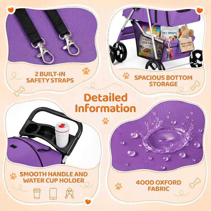 ZENY Foldable Pet Stroller, Cat/Dog Stroller with 4 Wheels | Pet Travel Carrier Strolling Cart with Storage Basket, Cup Holder (Purple)