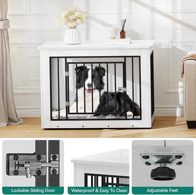 YITAHOME 38.2" Dog Crate Furniture 2-in-1 Iron-Wood Fusion up to 60 lb | Modern Dog Kennel Indoor Side End Table with Waterproof Top, Safety Corners, Steel Lock, White