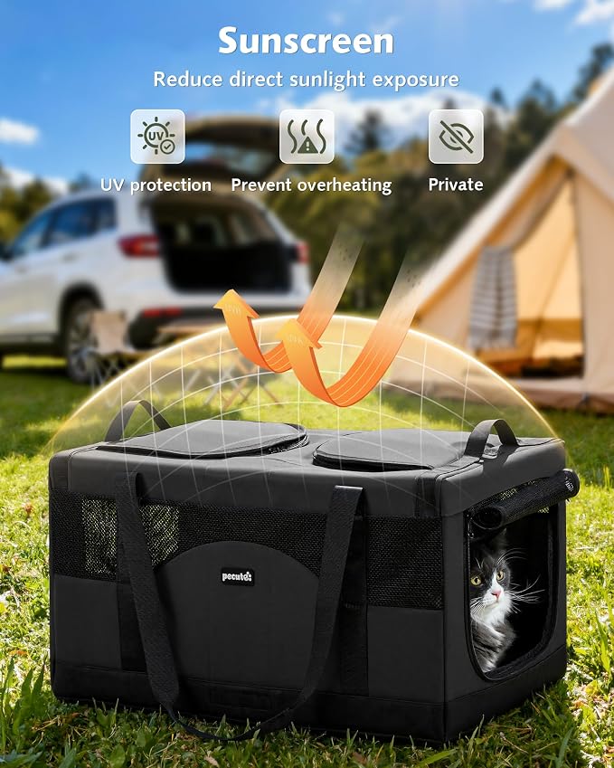 Pecute Cat Carrier, Soft Double Pet Crate for 2 Cats Travel, Dark Gray | Anti-Collapse Steel Frame, Convertible Dual Space, Foldable, Polyester Breathable mesh, Up to 26 lbs, Car Travel & Vet Visits