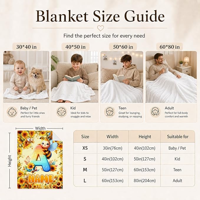 Girls Blanket with Initial Name, Custom Bees Kids Throws Living Room Decor | Personalized Kids Teens Blanket, Bed Decor, Fluffy Throws, Travel Camp Gift