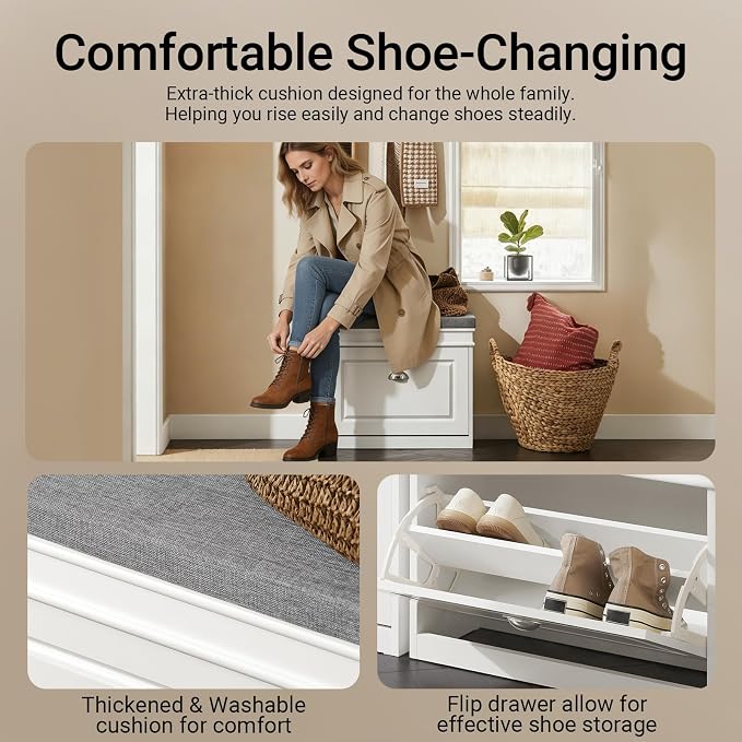 Haotian Small Shoe Cabinet for Entryway | Shoe Storage Bench with 1 Flip-Drawer and Seat Cushion, White, FSR82-K-W