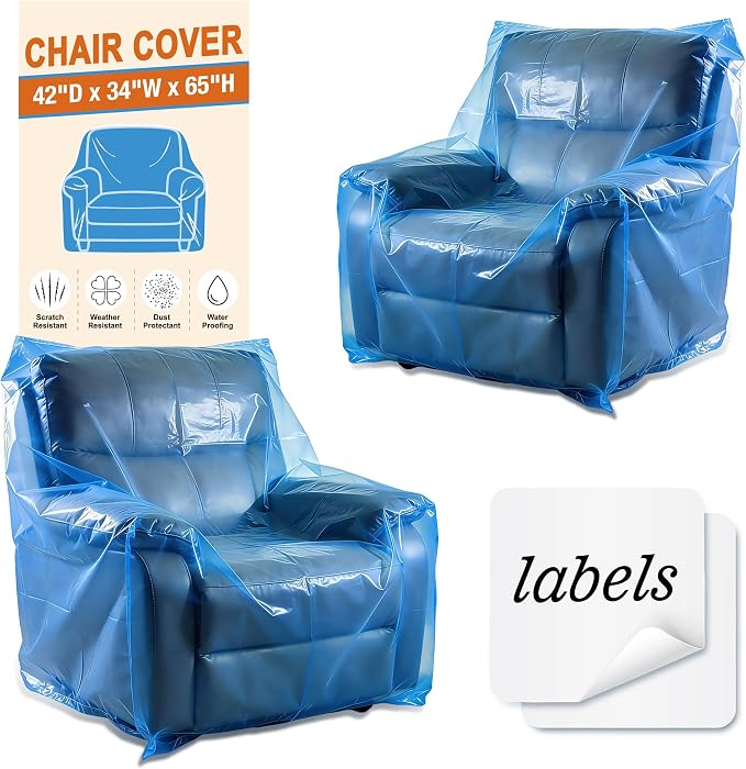 Extra Large Chair Moving Cover for Storage Transportation, Sofa Couch Clear Plastic Moving Cover with Labels, Waterproof and Dust Proof, Bag Open Size 65x 42 x 34 Inch, Blue, 2 Pack