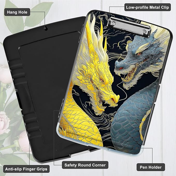 A4 Clipboard with Storage Pen Holder, Clipboards Organizer Nursing Clipboard Foldable File Folder Plastic Clipboard Folio Clip Board for Office Work Classroom Doctor, Gray-Yellow Dragon