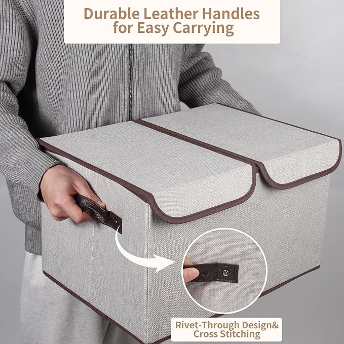Foldable Fabric Storage Box, 16.5 x 11.8 x 9.8 inches (L x W x H), with Double-Lid & Dividers, Large Organizer for Home, Closet, Office(Grey)