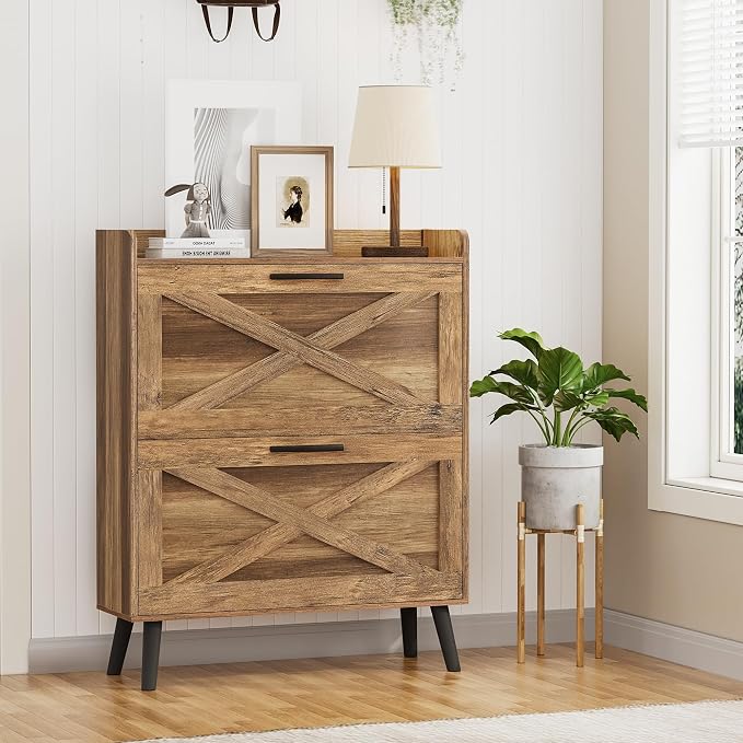 Homleke Farmhouse Shoe Storage Cabinet with Flip Drawers & Barn Door Design | Slim Narrow Shoe Rack Cabinet with Adjustable Shelves & Hidden Storage for Entryway, Hallway, Living Room, Rustic Walnut