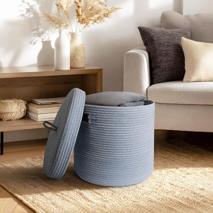 Storage Basket with Lid, Woven Blanket Storage for Living Room, Soft Cotton Rope Bin with Lid, Round Wicker Laundry Basket with Cover, Lidded Kid Dog Toy Box, Nursery Organizer, 15"x13", Blue