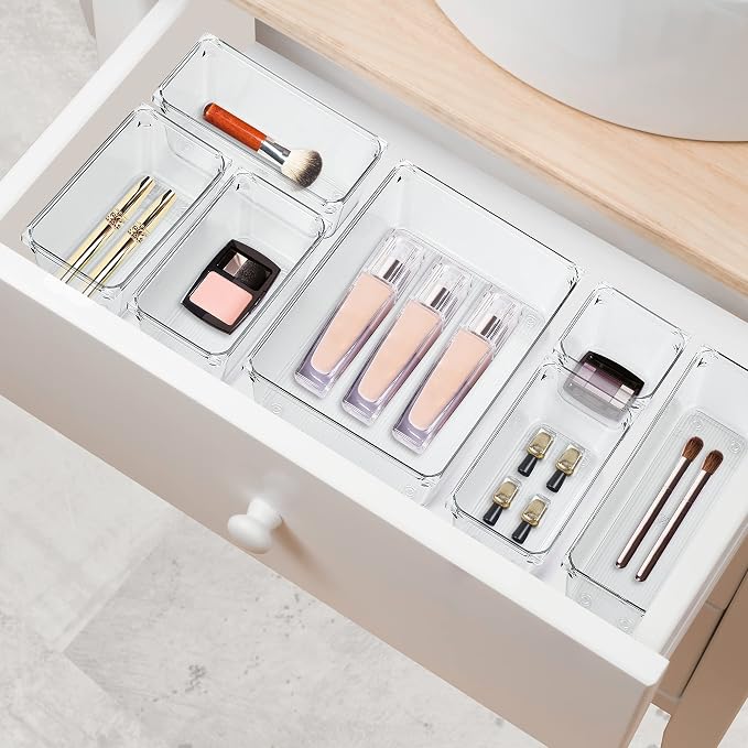 Ravinte 6 Pack Drawer Organizer, 6" x 9" Plastic Storage Bins | Acrylic Tray Design, Non-Slip Pads, For Makeup, Jewelry, Kitchen Utensils, Bathroom, Office Storage