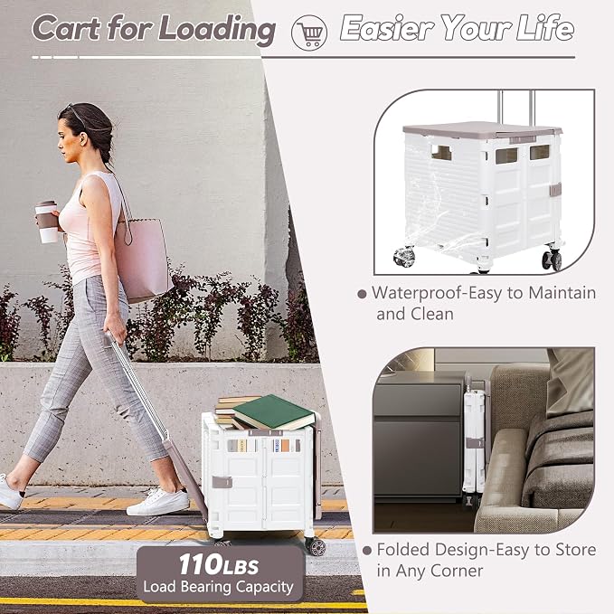 FELICON SELORSS Folding Utility Cart Portable Rolling Crate Handcart-White | Adjustable Handle+Extended Magnetic Lid,Storage Basket Box,4 Swivel Wheels Tote for Teacher Move Shop Travel Grocery Office