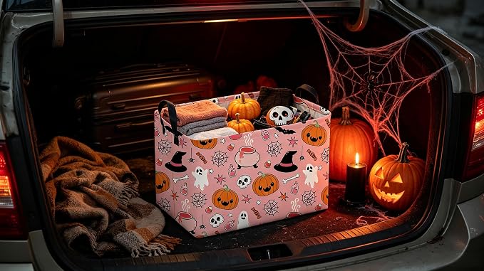 Sanjiaofeng Rectangular Pink Halloween Horror Ghost Storage Basket,Scary Pumpkin Basket,Halloweens Party Baskets,Halloween Candy Storage Baskets with Handles(Smiley Pumpkin)