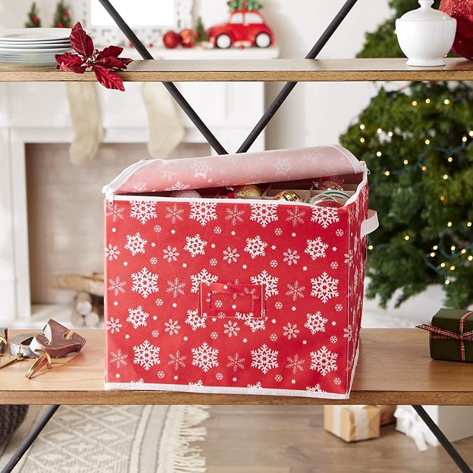 DII Christmas Storage Containers Collection Zippered with Dividers, Ornament; Large, 16x16x13, Snowflakes (Pack of 6)