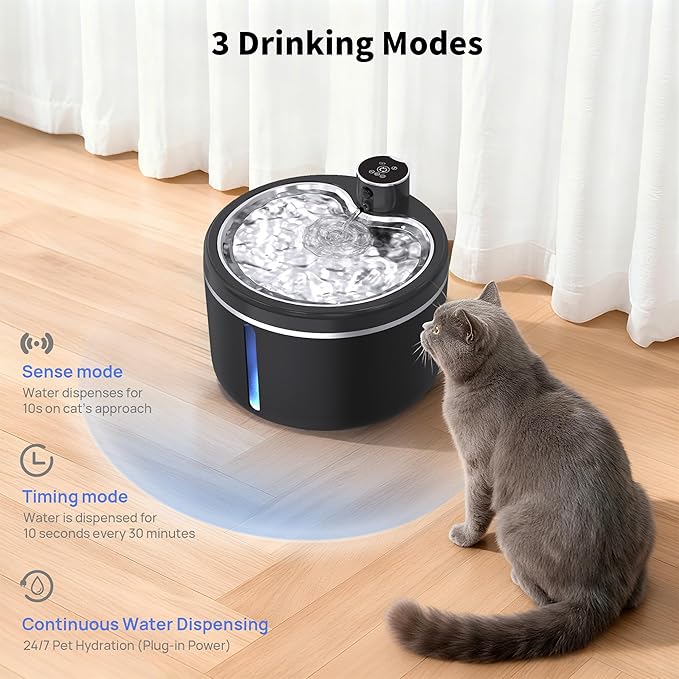 Cat Water Fountain Cordless, 108oz/3L Pet Fountains for Cats Indoor with Stainless Steel Tray, Battery Operated Cat Drinking Fountain with Motion Sens (Black)