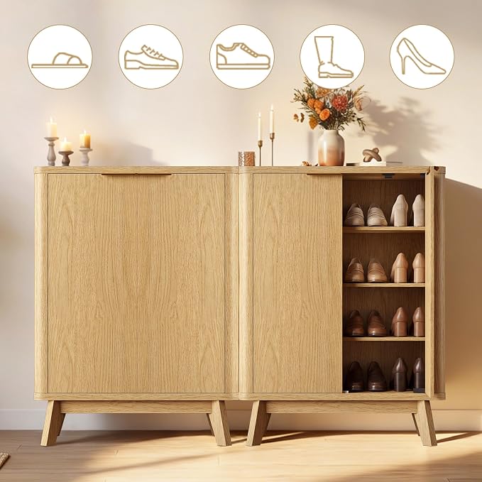 Shoe Cabinet with Doors & Adjustable Shelves, Natural | Modern Wooden Storage Cabinet for Entryway, Mudroom And Apartment, Reducing Clutter And Dust Buildup