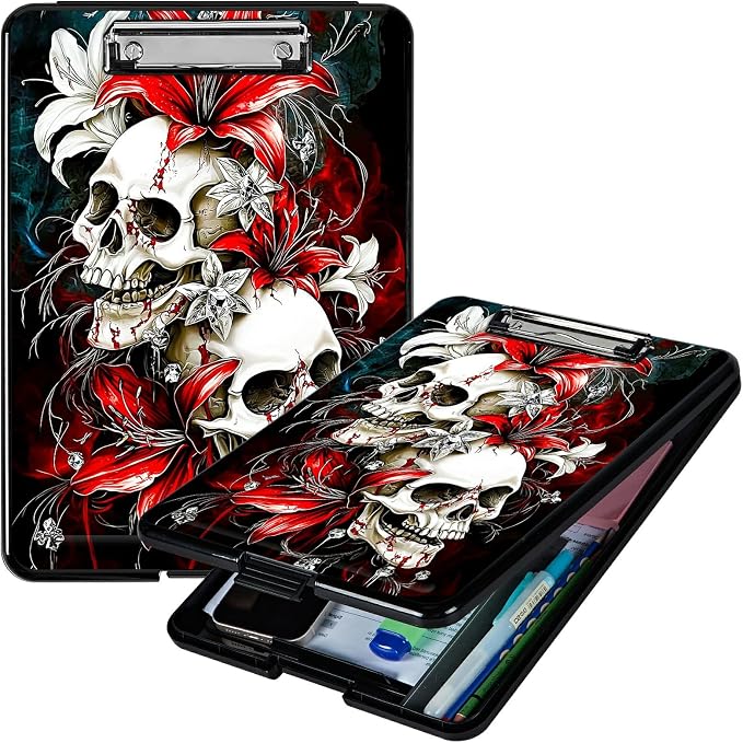 Red Lily Skull A4 Clipboard with Storage Pen Holder, Clipboards Organizer Nursing Clipboard Foldable File Folder Plastic Clipboard Folio Clip Board for Office Students Classroom Doctor