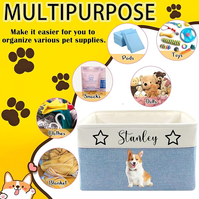 Personalized Dog Cat Toy Storage Basket with Handles Custom Pet Name & Photo Collapsible Organizer Bin Customized Storage Box for Pet Supplies