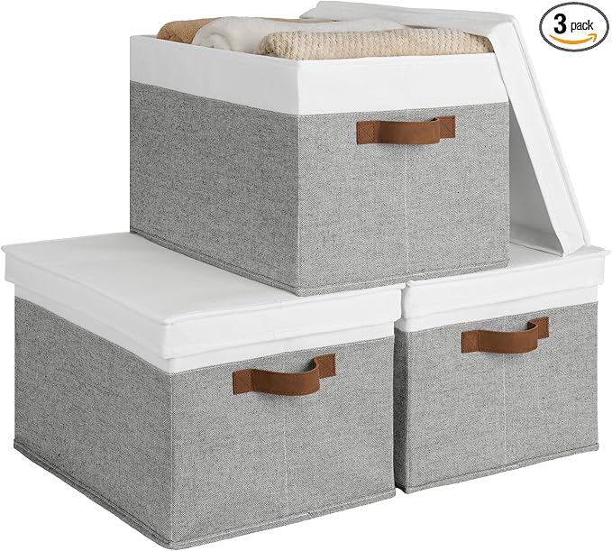 StorageWorks Fabric Storage Bins with Lids, Closet Storage Bins | Lidded Dust-proof, Easy Pull Handles, Foldable, Stackable, Ideal for Clothes Blanket Towel, Jumbo, Gray and White, 3-Pack