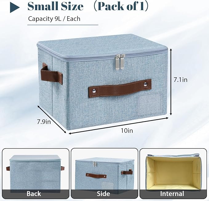 ANMINY Small Storage Box Fabric Bins with Zipper Lid, 10"x8"x7" Blue | Keepsake Box, Decorative, Cotton Linen, Reinforced PP Board Frame, Washable, Stackable & Foldable, Label Holder & PU Handles
