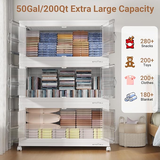 BROVIEW 600Qt Stackable Storage Bins with Lid for Home Dorm, 3Pack White | Closet Organizers, Foldable & Collapsible Cabinets, Large Containers, Wheels & Magnetic Doors, Plastic Drawers for School