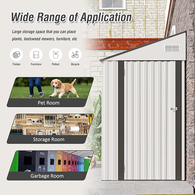 4x8FT Metal Storage Shed, Sloping Roof, Single Hinge Door, White | Outdoor Tool Shed | Ventilation Windows | Waterproof | Protective Film | for Patio, Lawn and Utility Equipment