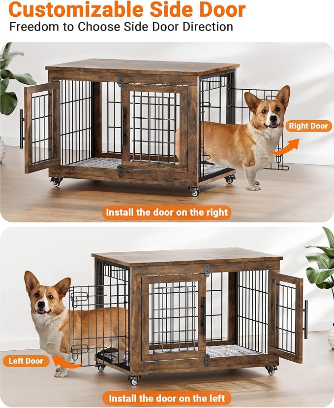 YaFiti Dog Crate Furniture, 32.5” Wooden Dog Kennel, 2 Pack, Rustic Brown | Cushion, Wheels, Double Doors, Furniture Style, Side End Table, Decorative Pet Cage House, Up to 45 lb, for Small/Medium Dogs