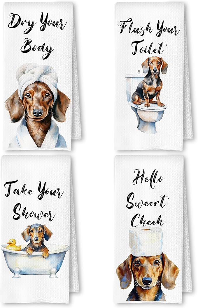 Funny Dachshund Hand Towels for Bathroom Washroom, Weiner Dog Bathroom Decor, Dachshund Gifts for Women Men, Humorous Dog Hand Towels, 16x24 Inch Set of 4