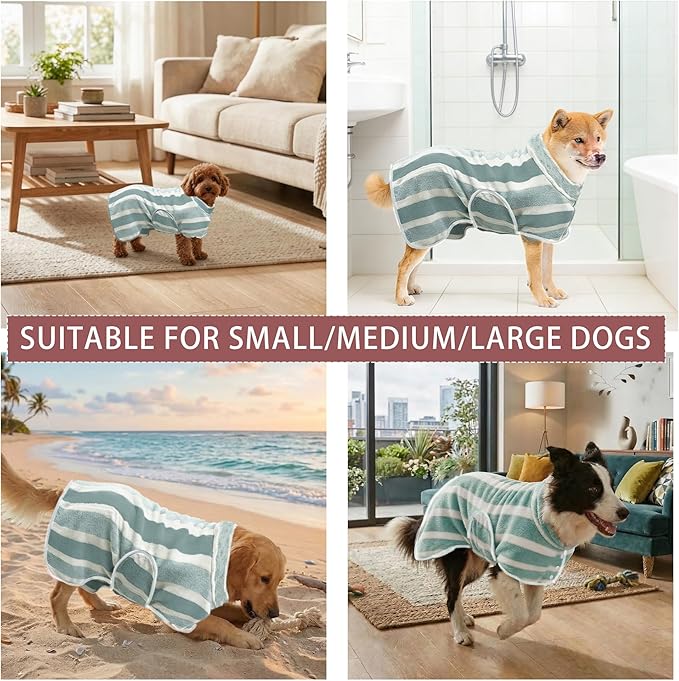 Fast Drying Dog Bath Robe, Super Absorbent Stripes Dogs Towel, Adjustable Warm Keeping Pet Puppy Bath Supplies (Green, M)