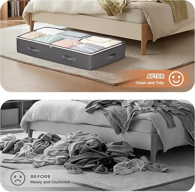 95L Under Bed Storage Containers, 4 Pack Closet Organizers Grey | Foldable underbed storage bins for linen sheets, blanket, clothing, comforter, sweaters, pillows, wrapping paper