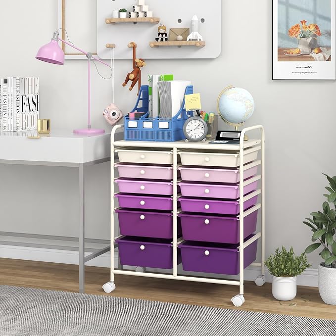 12 Drawer Rolling Storage Cart, Art Cart Organizer on Wheels, Mobile Utility Cart with Drawers, Multipurpose Craft Drawers for Home Office School Classroom (Gradient Purple)