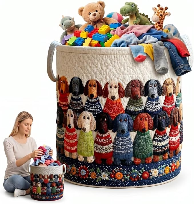 Cute Dog Laundry Hamper Fabric Clothes Basket Patterned Pet Toy Storage Organizer Round Collapsible Laundry Bag with Handles(16" x 22")