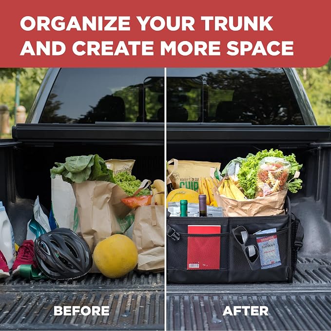 Car Trunk Organizer for SUV, Truck & Auto Cargo Storage, Foldable, Grey, XL | Fits Cars, SUVs & Trucks • 6 Adjustable Compartments • Non-Slip Base & Straps • XLCargo Storage • 11 Pockets • Travel Use