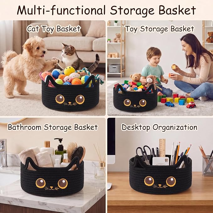 Small Cotton Rope Halloween Basket, Black Cat Toy Basket for Living Room | Cute Decorative Dog Toy basket, Toy Bin for Baby, Pet, Gift Basket for Baby Shower , 11"×11"×4.7", Black