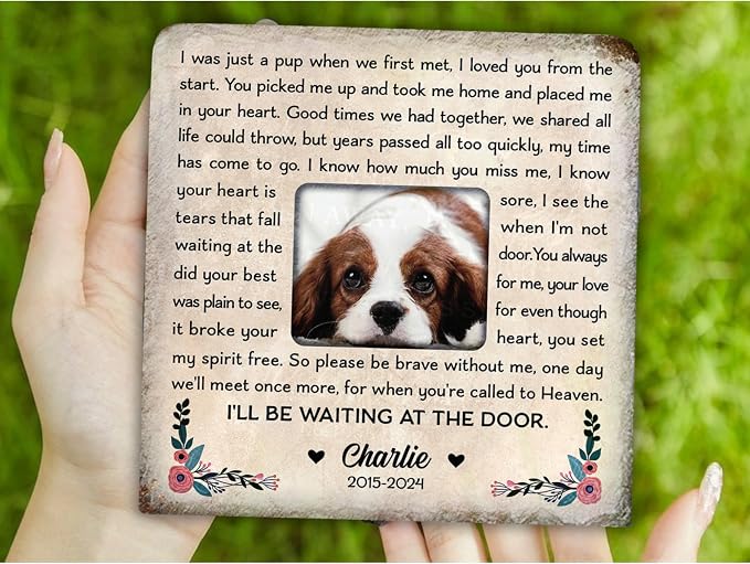 Wrappiness Pet Memorial Stone - I Will Be Waiting at Door, Personalized Dog Memorial Gifts, Remembrance Condolences Bereavement Gifts for Loss of Pet Custom Photo (Square 02, Stone)