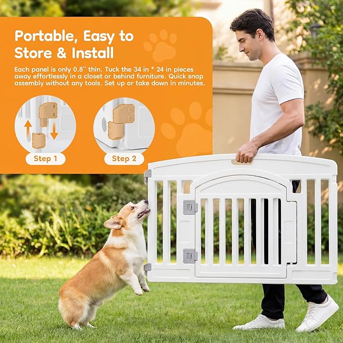 NEWBULIG Dog Playpen 6-Panel, 24IN Puppy Playpen, Stable Dog Play Pen Indoors/Outdoor with Secure Locking Door, Plastic Pet Fence for Small & Medium Dogs | Portable, Secure Locking Door, Indoor Outdoor Yard RV Camping, Small Medium Dogs, White