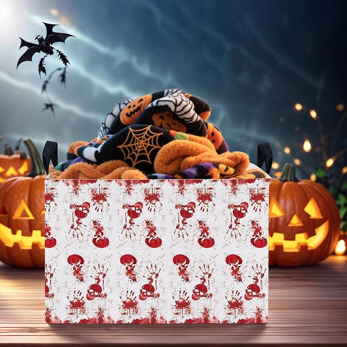 Halloween Basket Gift Terror Ghost Parties Decor Kid Trick or Treat Basket for Boys and Girls Rectangular Storage Bin Box (Blood Fingerprint)