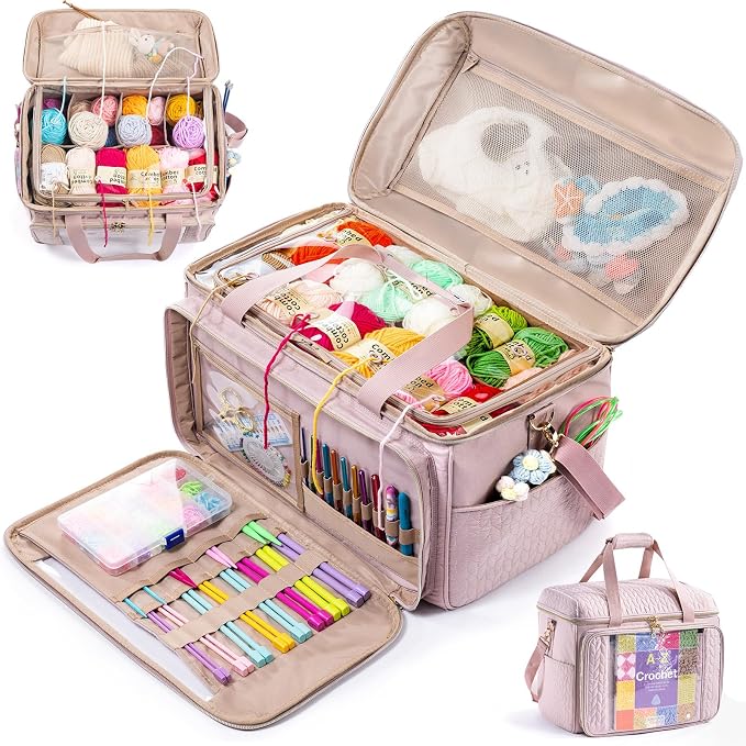 MYBAGZING Large Yarn Storage Bag,Crochet Bag Organizer,Yarn Bags for Crocheting,Crochet Storage Bag with Pockets for Crochet Hooks, Crochet Accessories,Knitting Bags,Gifts for Crocheters