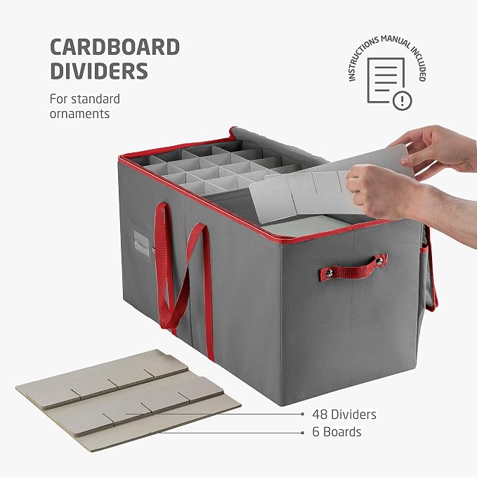 ZOBER Large Christmas Ornament Storage Box - Stores 128 3" Ornaments, With Dividers - Ornament Organizer Storage Box, Durable Christmas Containers Holder - Extra Pockets, Dual Zipper - Gray