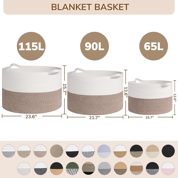 INDRESSME 115L Extra Large Woven Rope Blanket Basket Living Room, Mix Black | 23.6" x 15.7" Storage baskets for toys laundry & pillows. Fits living room, bedroom or nursery décor. Soft-touch with handles