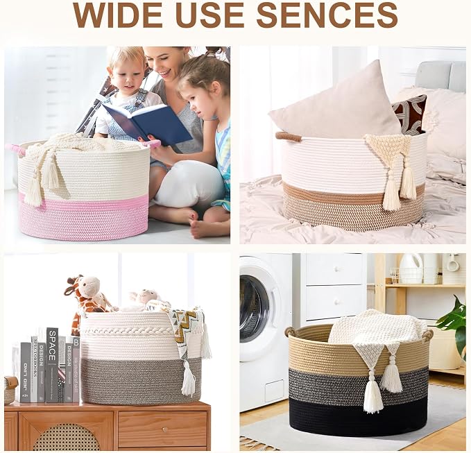 67L Large Blanket Basket, 20"x13" Woven Storage Baskets With Handle, Cotton Rope Blanket Basket Living Room, Baby Laundry hamper for Blanket, Nursery, Toy, Pillow (White)