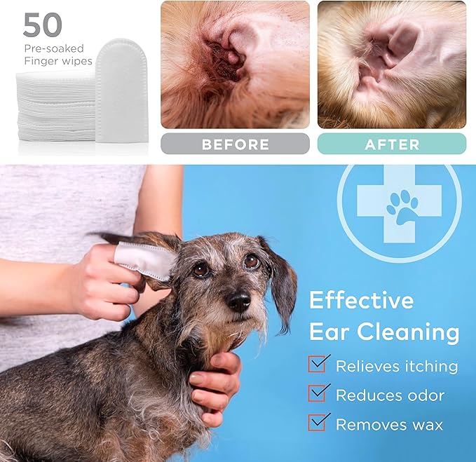 ARCA PET Dog Ear Cleaner Wipes - Vet Formulated Cleanser for Dogs - Ear Itching, Dissolves Wax, Dirt & Odor with Coconut Oil & Aloe Vera (50 Finger Wipes)