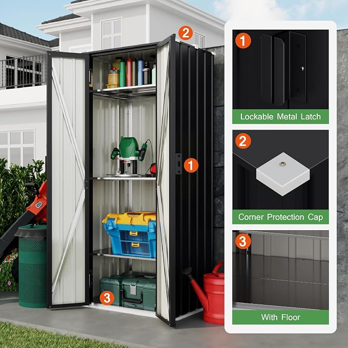 Devoko 28 CU FT Storage Cabinet, Metal Storage Shed with 3 Adjustable Shelves, for Patio Garden Backyard, Black
