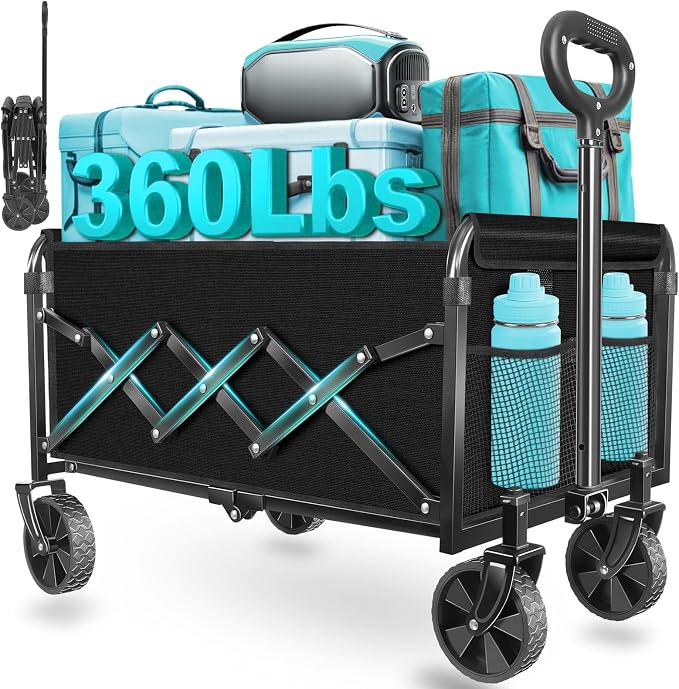 Collapsible Wagon Cart with Wheels, Compact 360 lb Folding Cart, Jet Black | Portable utility wagon for groceries, shopping, camping, garden, sports, picnics, laundry, apartment errands and small hauls