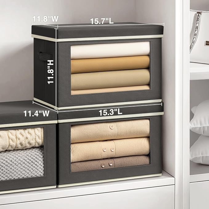Stackable Storage Bins with Lids - Large Decorative Basket with Lids, Fabric Foldable Closet Organizer Bins, Shelf Organizer for Living Room, Dorm, 5 Pack, Dark Grey