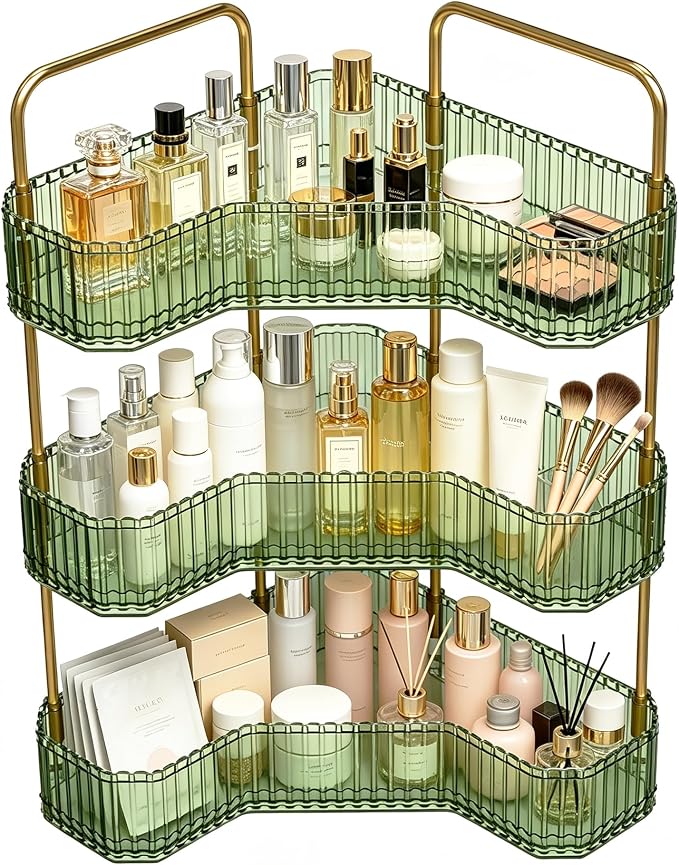 3-Tier Corner Bathroom Organizer, Skincare Vanity Counter Shelf Green | Premium PET Perfume Display Stand with Gold Metal Rods, Space-Saving 90 Degree Storage Rack for Dresser