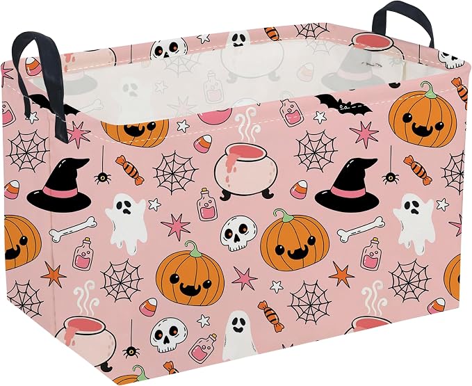 Sanjiaofeng Rectangular Pink Halloween Horror Ghost Storage Basket,Scary Pumpkin Basket,Halloweens Party Baskets,Halloween Candy Storage Baskets with Handles(Smiley Pumpkin)