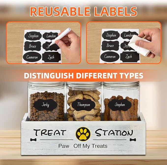 Dog Treat Container with 3 Airtight Jars and Wooden Tray, Labels and Marker | Reusable Write-On Stickers, Built-In Handles, Clear Pet Food Storage Canisters for Countertop, Farmhouse Decor for Pet Owners